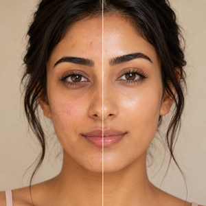 A close-up split-face beauty comparison of a woman's face, with the left side showing natural skin and the right side showing a smoother, more radiant complexion. The background is a solid warm beige.